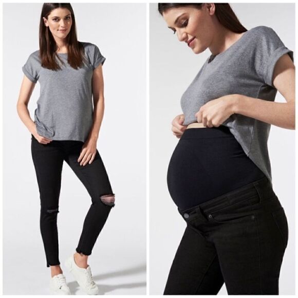 BLANQI maternity belly support black distressed raw step hem jean - Picture 1 of 10